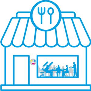 Umriss eines Gastronomiebetriebs in Blau mit „Einmal ohne, bitte“-Sticker mit Verlinkung zur Seite „Sei dabei“ für Gastronomiebetriebe und Lebensmittelgeschäfte