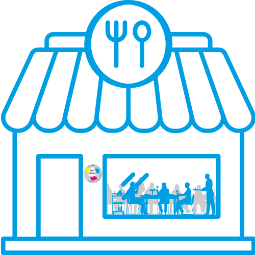 Umriss eines Gastronomiebetriebs in Blau mit „Einmal ohne, bitte“-Sticker