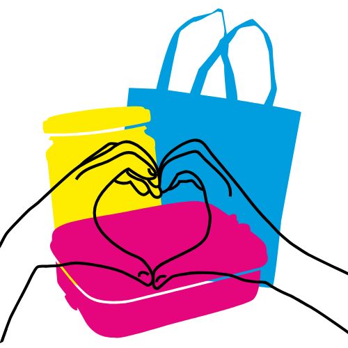 Grafik mit zwei zum Herz geformten Händen vor den drei bunten Behältnissen des Logos von „Einmal ohne, bitte“