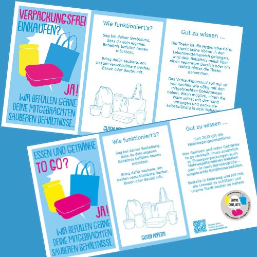 Vorschaubild der Dreiecksaufsteller von „Einmal ohne, bitte“ in den Varianten „Verpackungsfrei einkaufen“ und „Essen und Getränke to go“