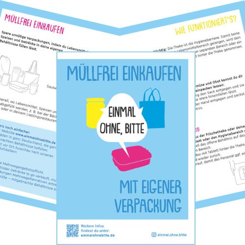 Vorschaubild des aufklappbaren Falzflyers von „Einmal ohne, bitte“ mit dem Titel „Müllfrei einkaufen mit eigener Verpackung